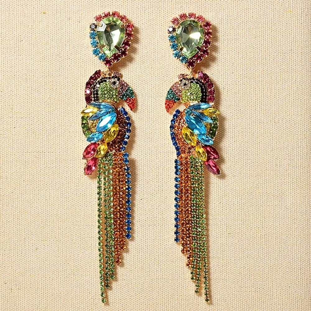 New glamorous colorful parrot bird earrings, multi-colour - Picture 1 of 7